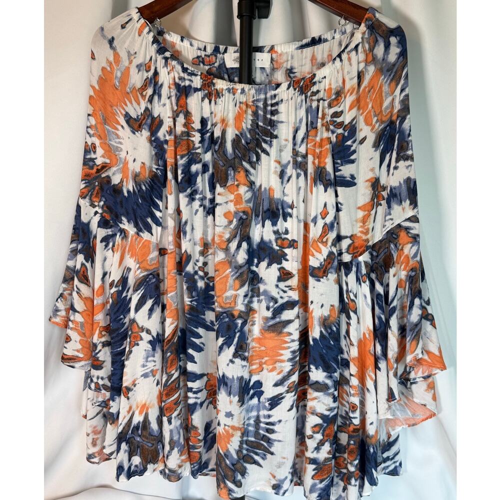 Abstract Tie Dye Peasant Blouse Dramatic 3/4 Bell Sleeves Off Should Boho Top M